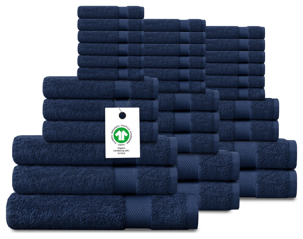 Delara 33-Piece 100% Organic Cotton Plush Bath Towel Sets, 36"x70", Navy Blue