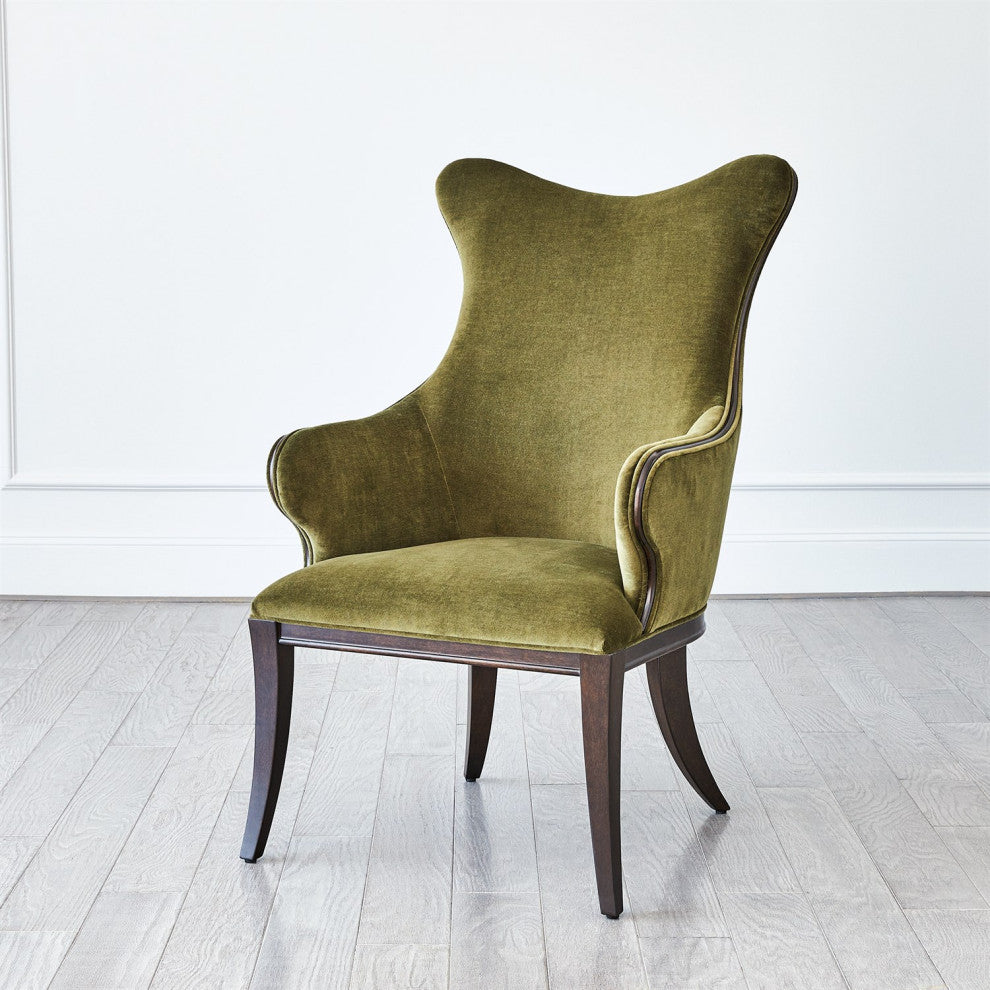 Curvy Back Moss Green Velvet Arm Chair Dark Walnut Sculpted Vintage Style