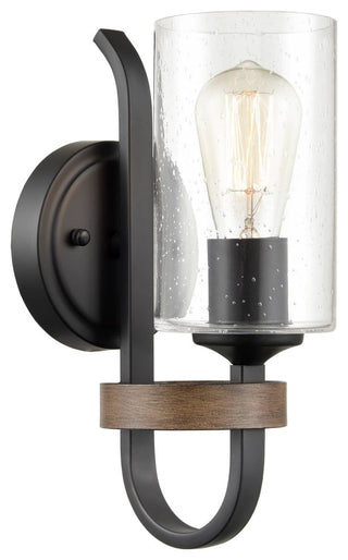 Industrial Wall Sconce Seeded Glass Shade with Wood Grain Finish