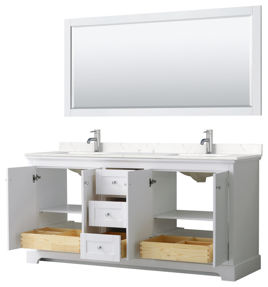 72, Double Vanity, White, Light-Vein Marble Top, SQ Sinks, 70, Mirror