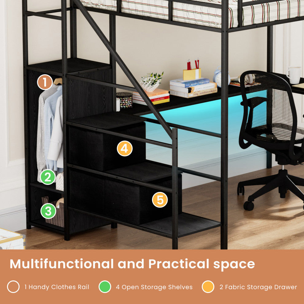 Gewnee Full Size Metal Loft Bed with L-shaped Desk