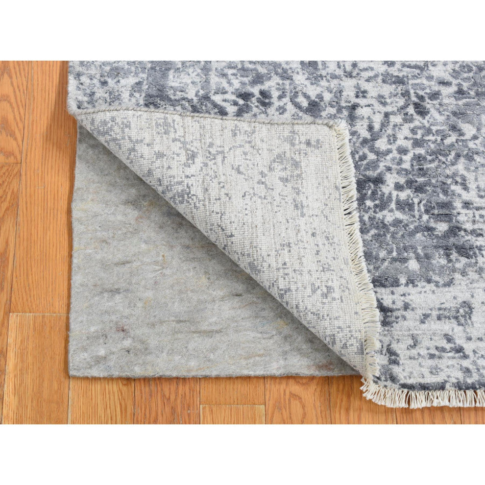 Gray Hand Knotted Erased Persian Design Wool and Silk Runner Rug 2'7"x7'10"