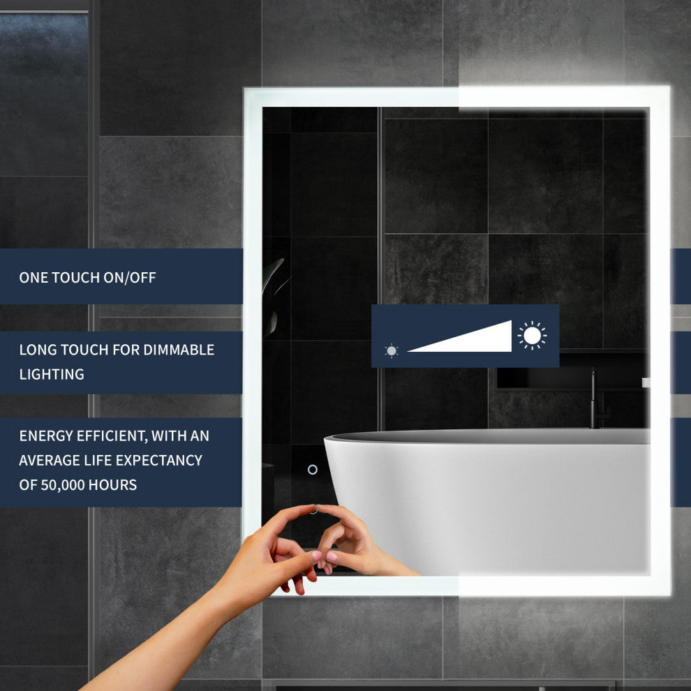 Frosted Bathroom Tri-Color Dimming LED Anti-Fog Wall Mirror - 30" x 36"