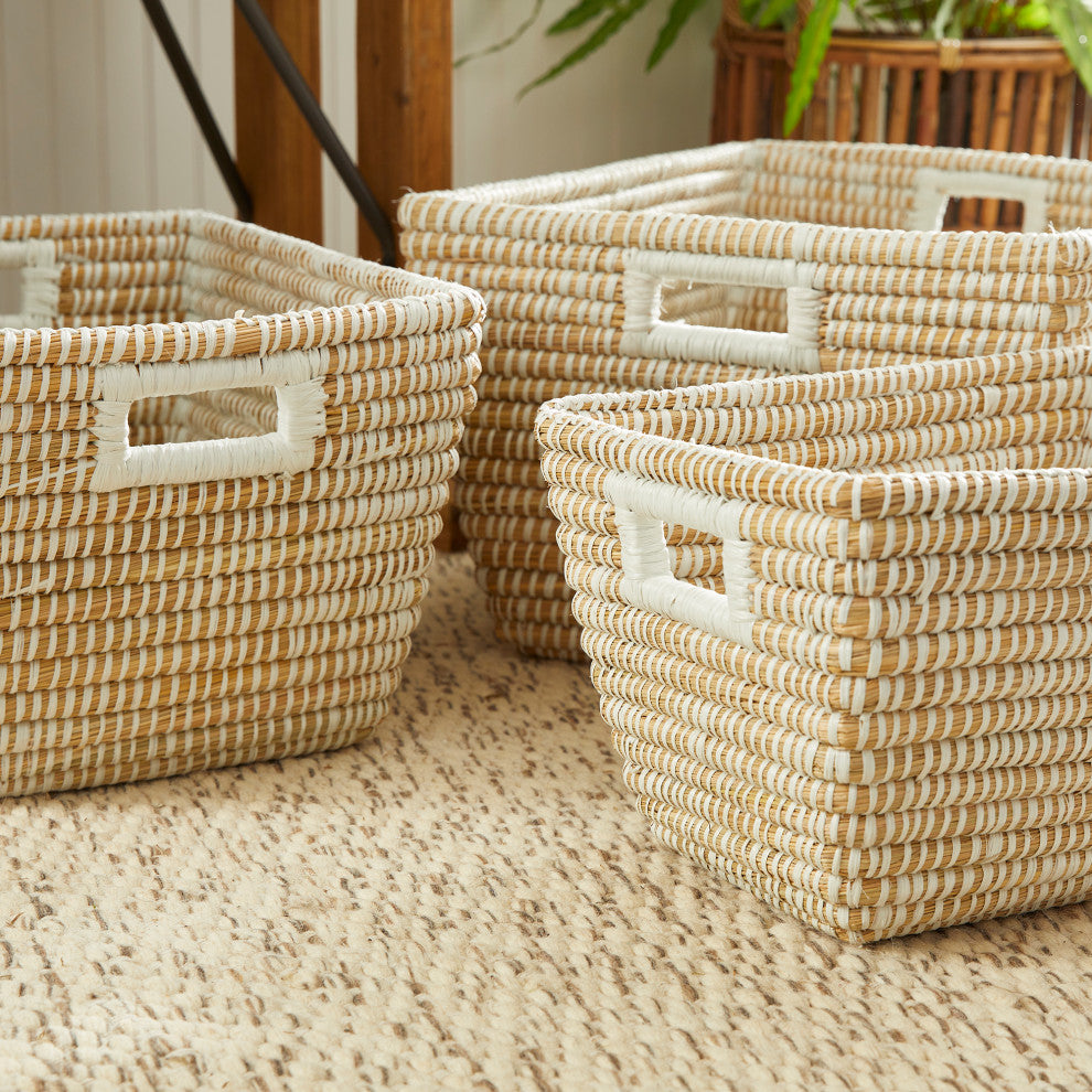 Set of 3 Woven River Grass Tote Storage Baskets Rectangle 23 20 16 in Natural