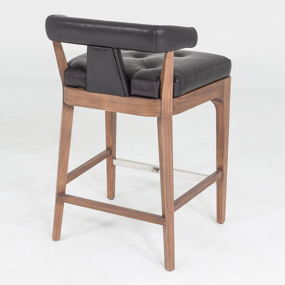 Luxe Sleek Contemporary Black Leather Bar Stool 32" Open T Back Walnut Wood