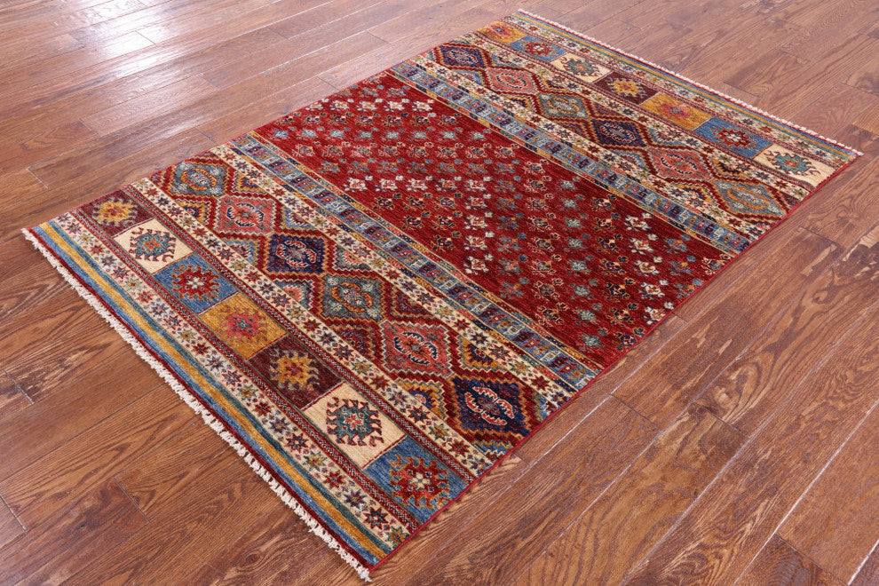 4' 1" X 5' 10" Hand-Knotted Super Kazak Khorjin Wool Rug Q10778