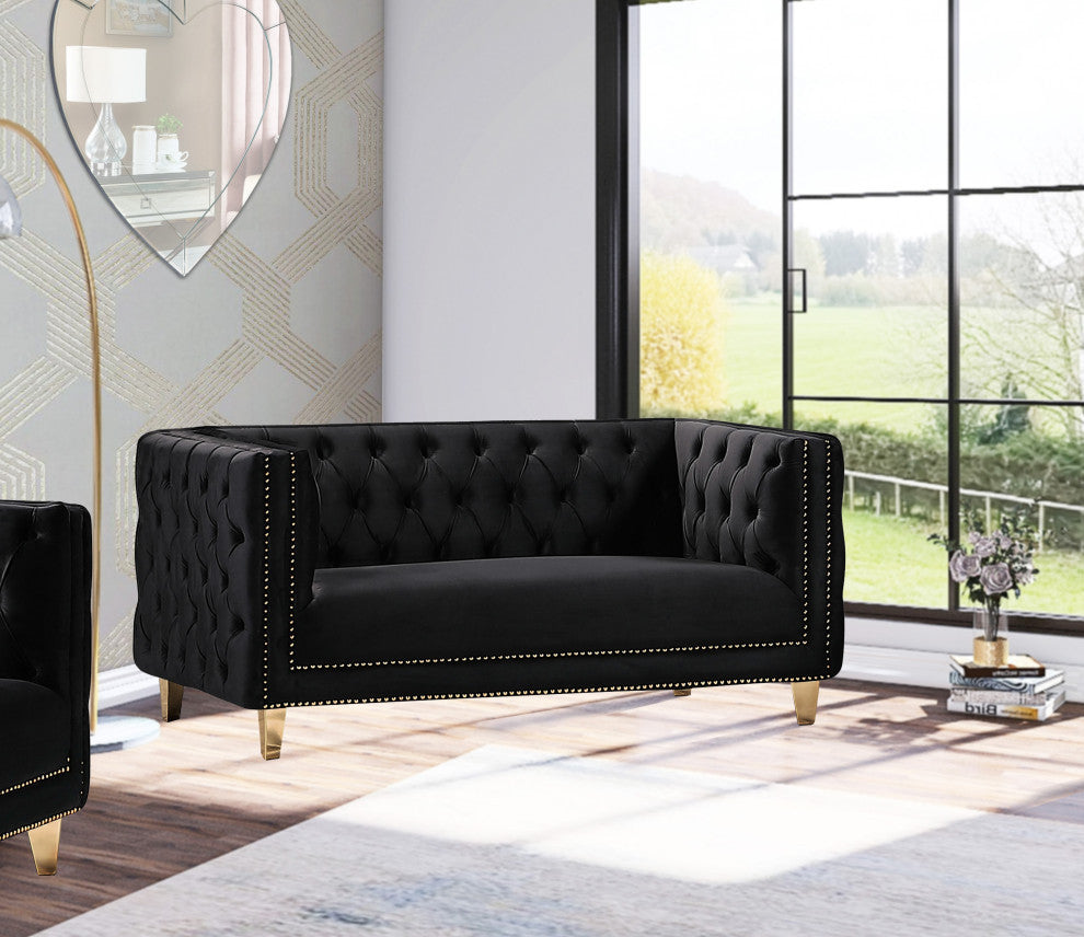 Michelle Fabric Upholstered Chair, Gold Iron Legs, Black, Velvet, Loveseat