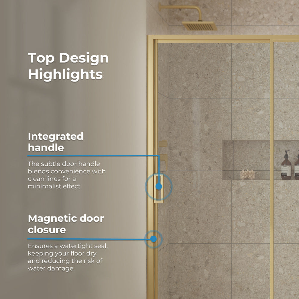 Stanford Sliding Fluted Alcove Shower Door, Brushed Gold, Clear Glass, 60"