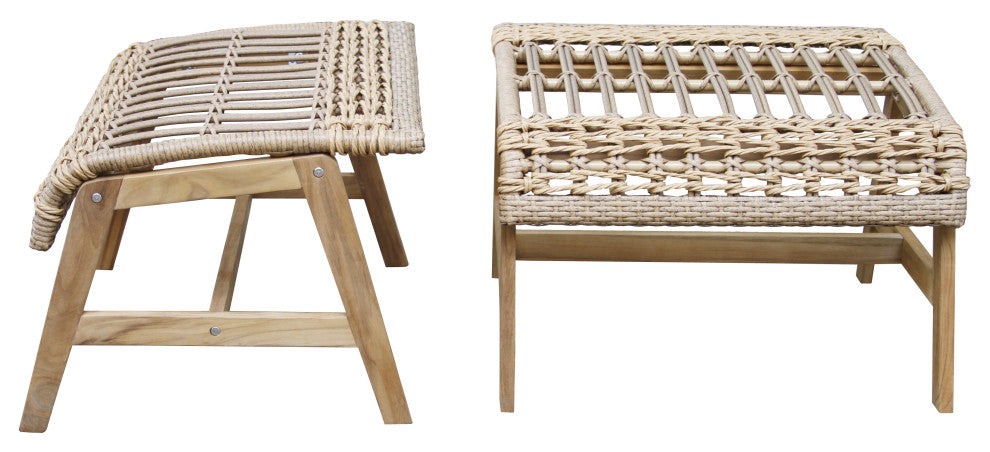 Teak And Wicker Basket Lounger Ottomans, Set of 2, Bohemian