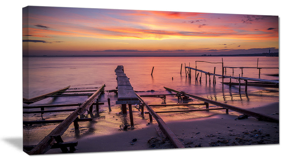 Fishing Pier in Sea at Sunset, Seashore Canvas Art Print, 32"x16"