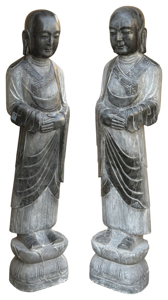 Pair Black Gray Stone Carved Standing Monk Arhat Lohan Statues Hws4335P