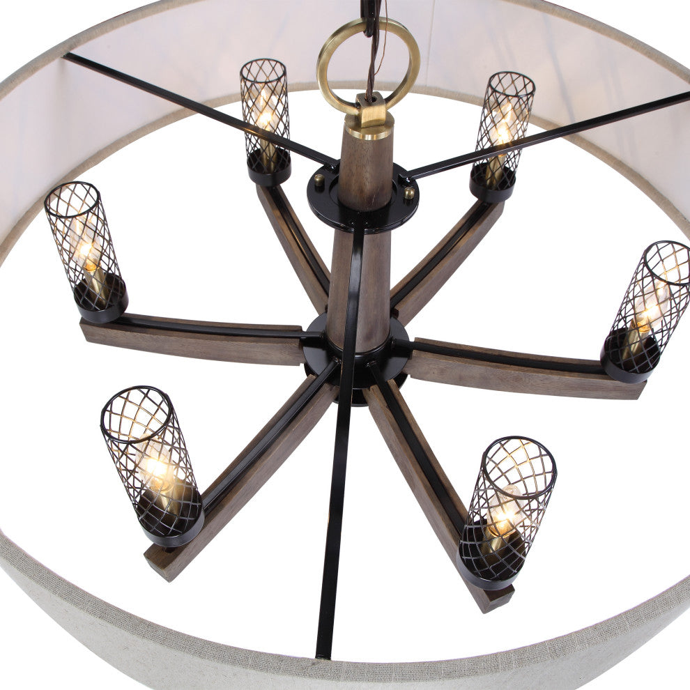 Mid Century Modern Wide Shade Drum Chandelier, 6 Light Wood Arm Bronze Pendant