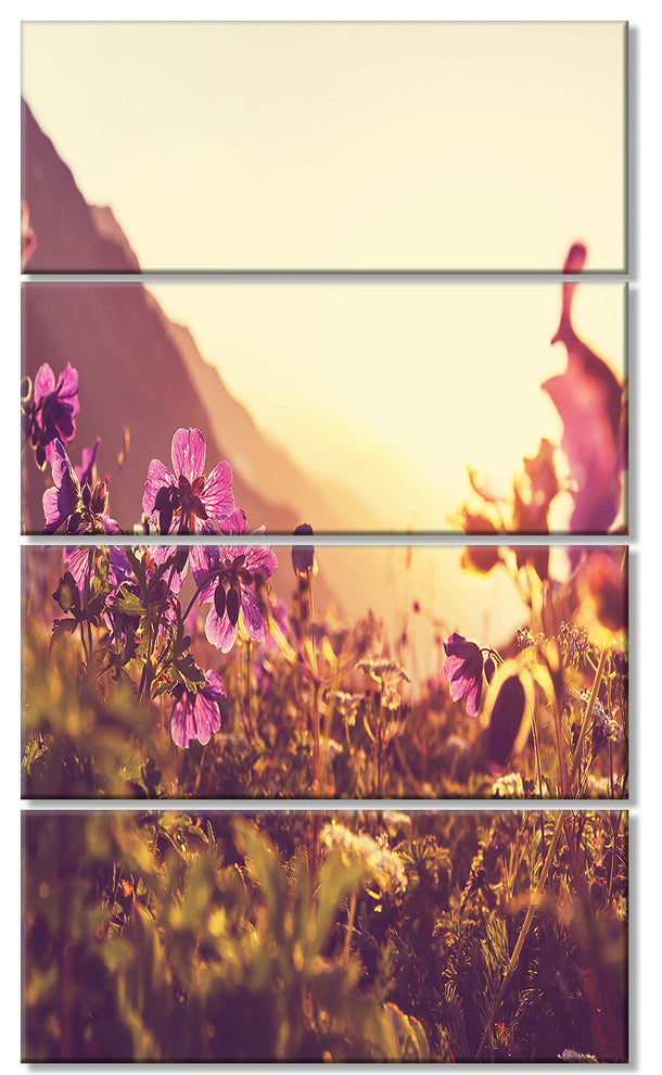 Mountain Pasture with Purple Flowers, Floral Canvas Art Print, 28"x48", 4 Panels
