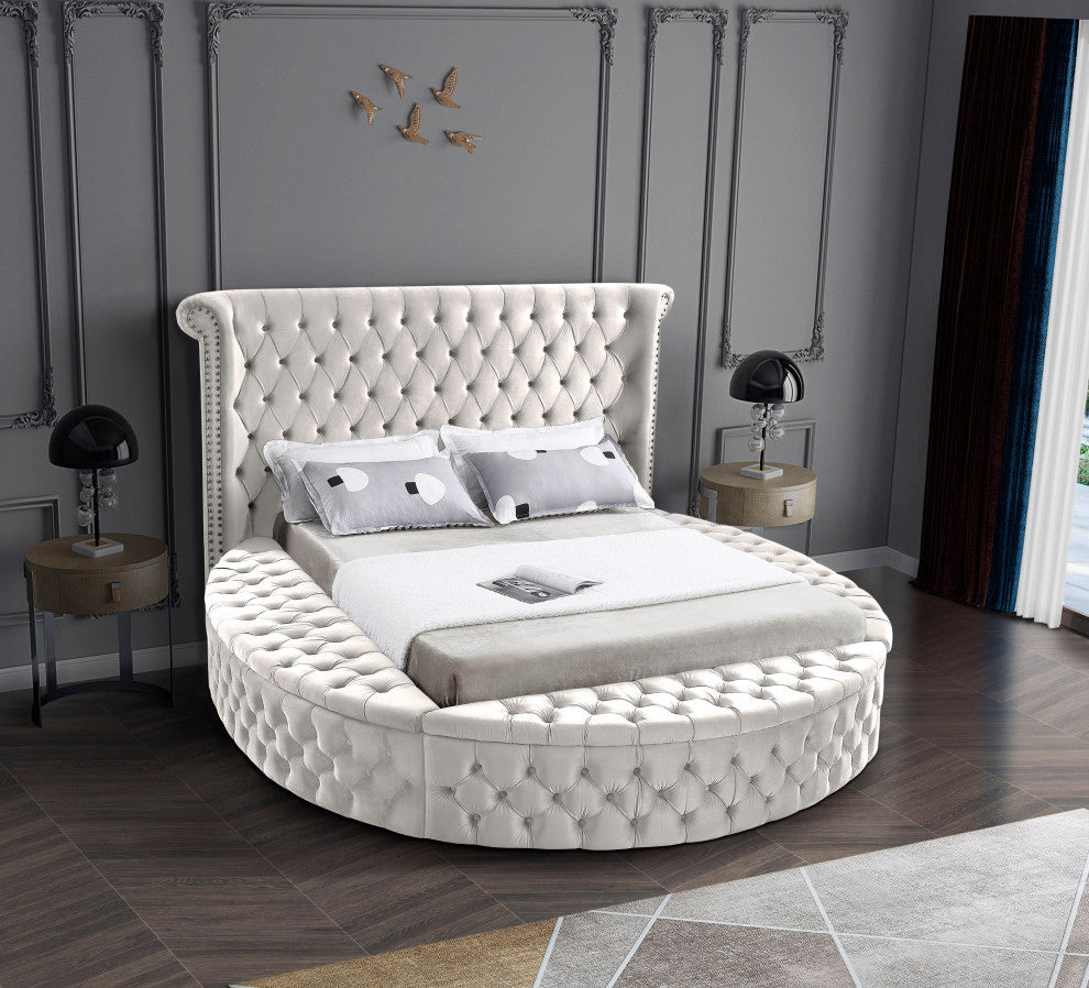 Luxus Button Tufted Velvet Round Bed, Cream, Queen