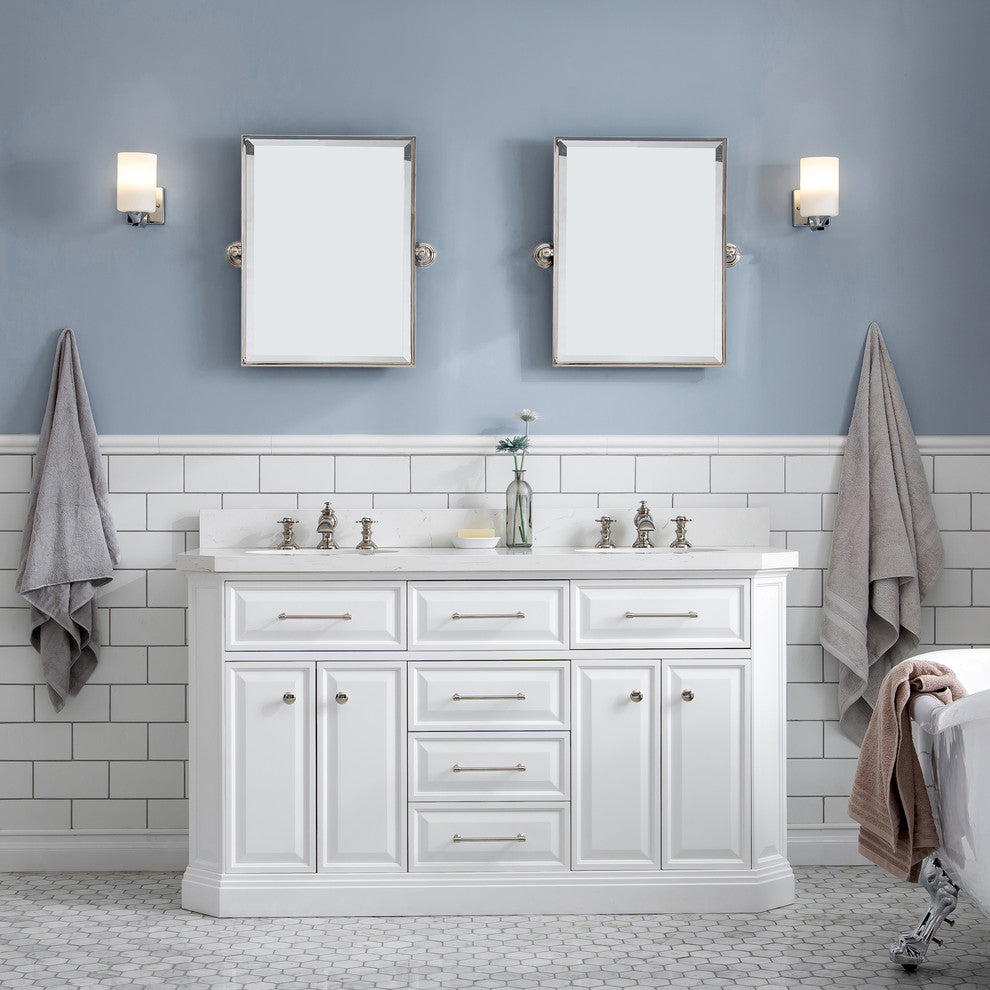 60" Palace Quartz Pure White Vanity With Hardware, Faucets, Mirror in Polish