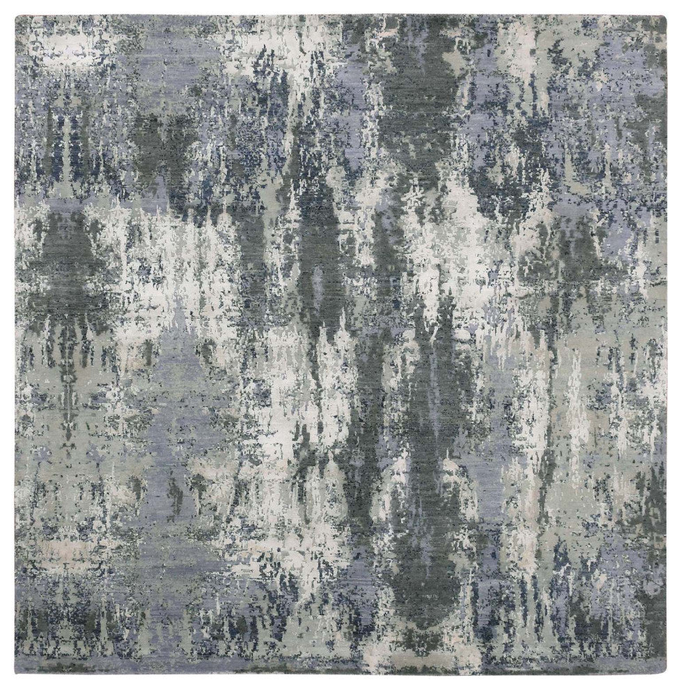Charcoal Gray Wool and Silk Denser Weave Hand Knotted Square Rug, 8'0"x8'2"