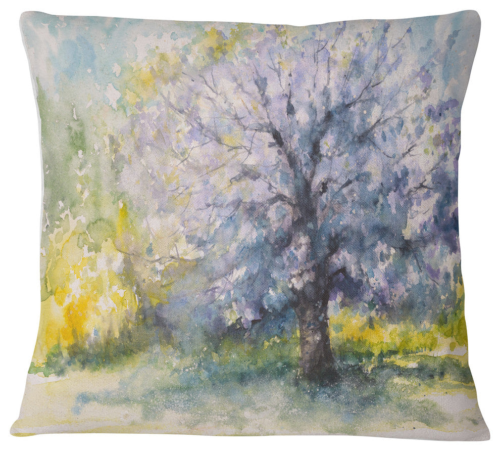 Blooming Cherry Tree Watercolor Floral Throw Pillow, 16"x16"