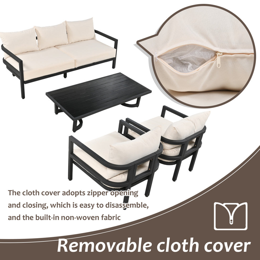 4-Piece Outdoor  Steel Patio Sectional with Table and Cushions, Beige