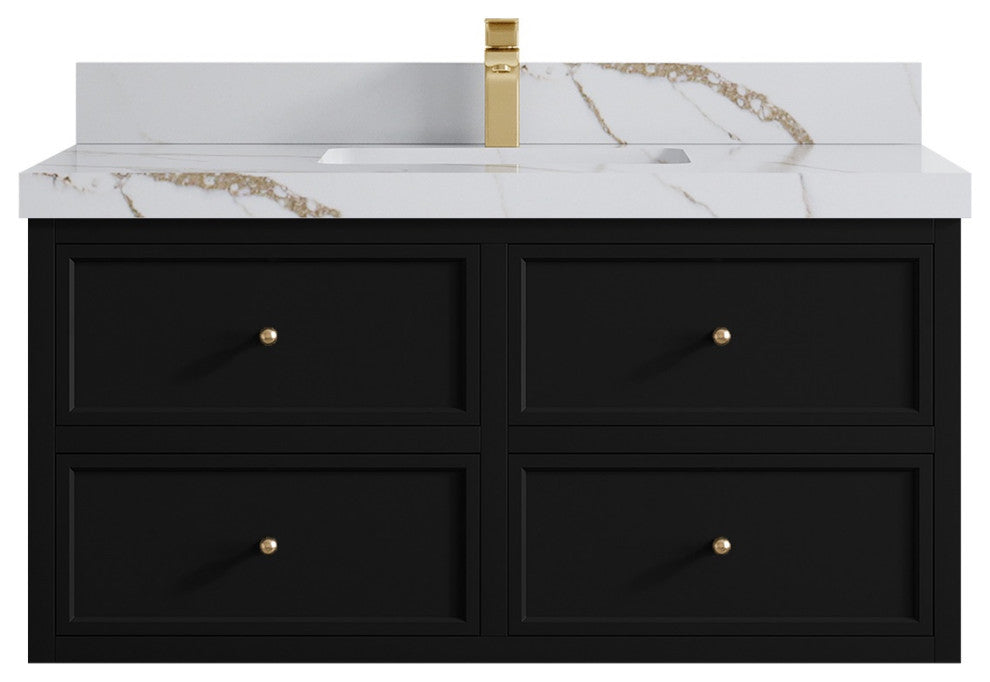 Roswell Floating 42" Single Sink Bath Vanity, Black 2" Calacatta Gold
