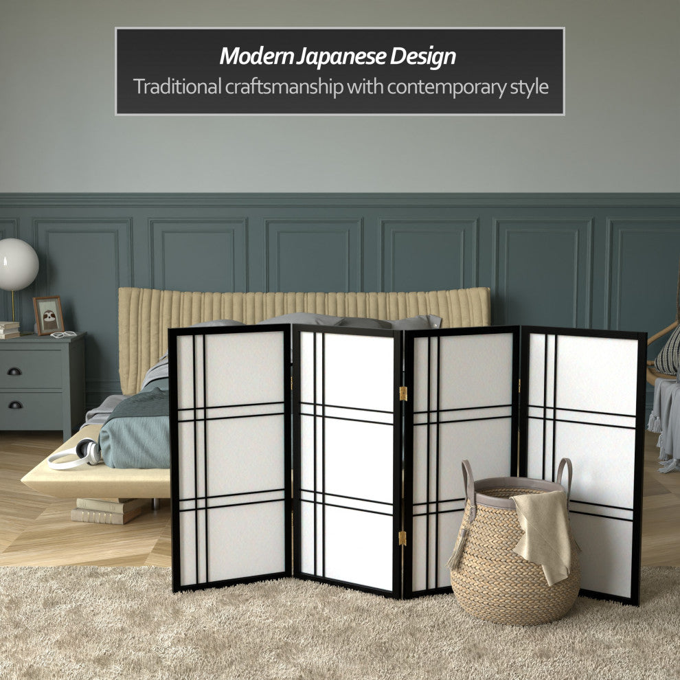 3' Tall Double Cross Shoji Screen, Black, 4 Panels