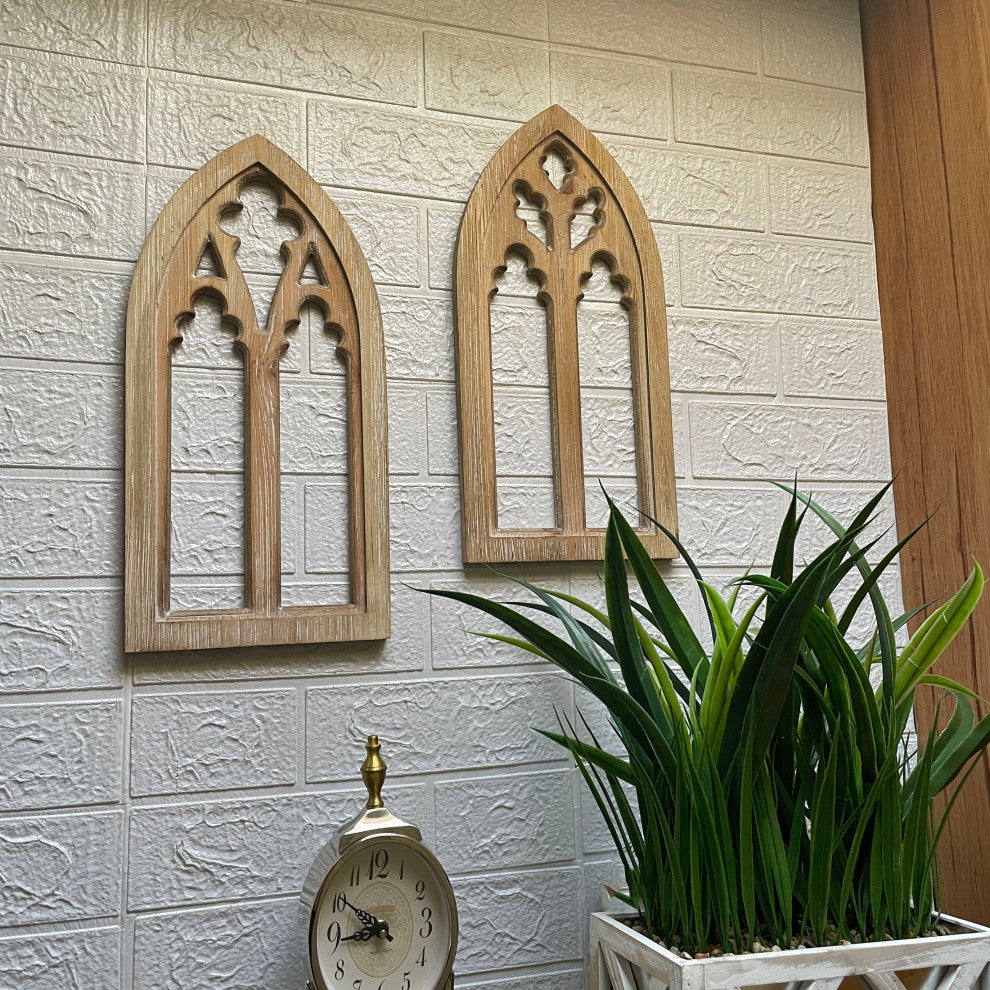 Whitewashed Wood Gothic Arch Window Frame Wall Decor 2 Piece Set