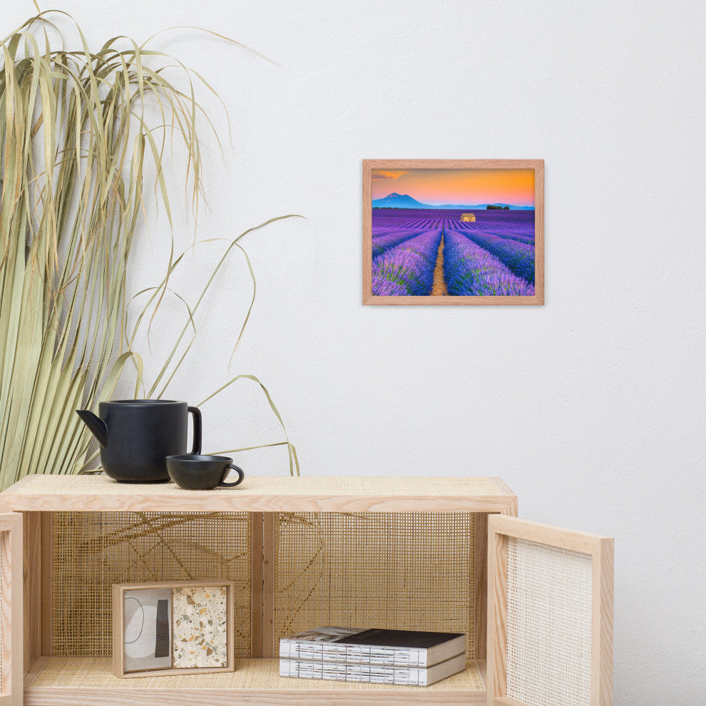 Blooming Lavender Field and Sunset Floral Landscape Framed Photo Wall Art Prints, Red Oak, 11" X 14"