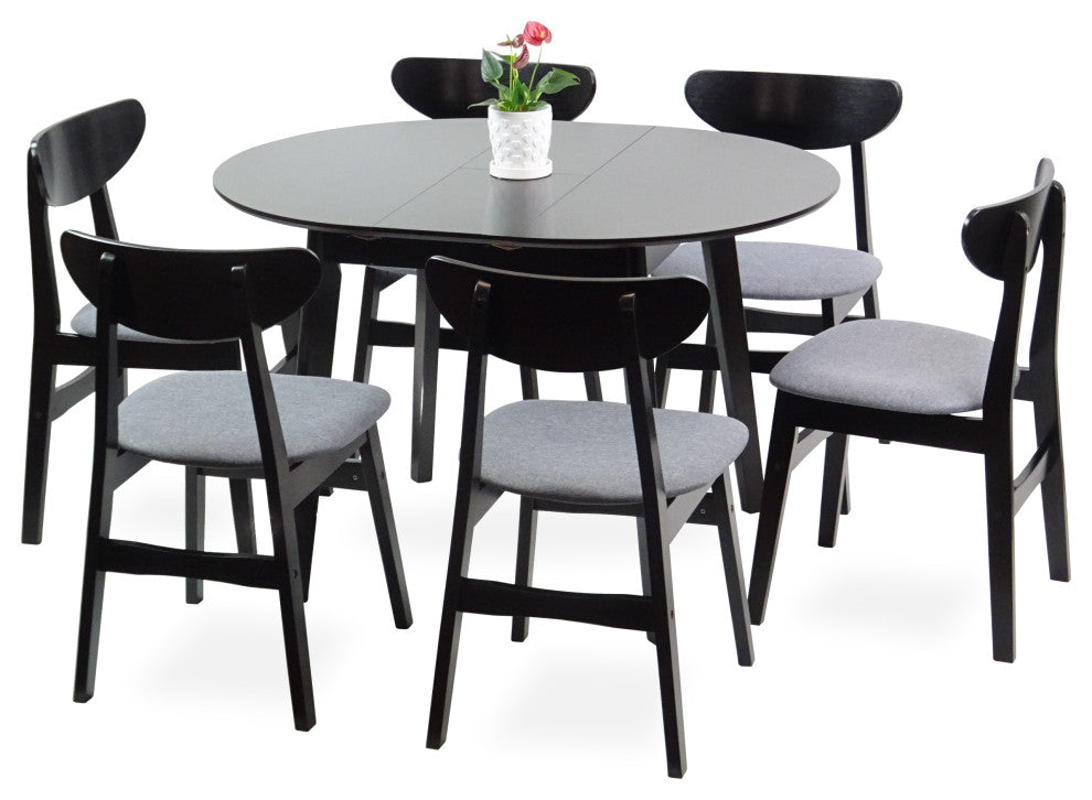 Dining Room Set of 6 Yumiko Chairs and Extendable Round Table, Black Color