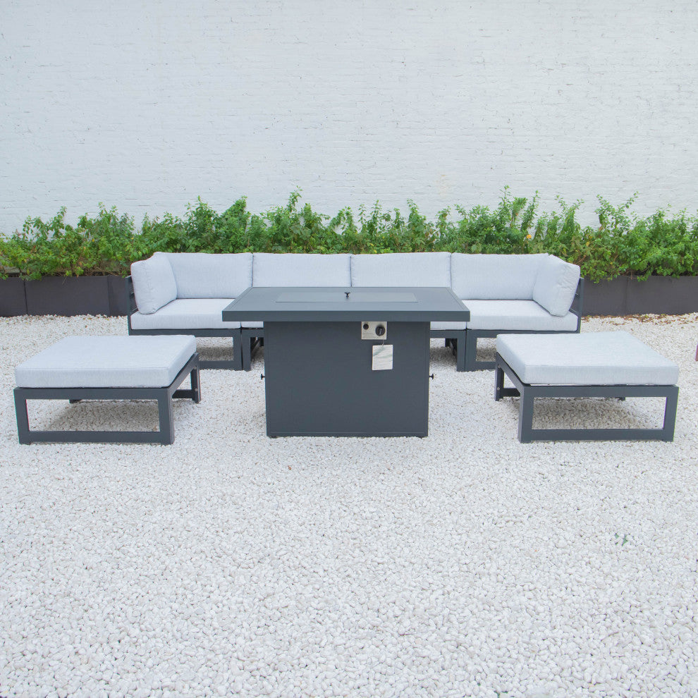 LeisureMod Chelsea 7-Piece Outdoor Sectional With Fire Pit Table, Light Gray