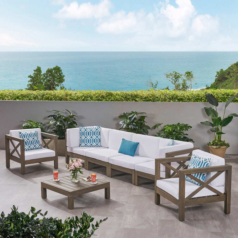 Morgan Outdoor 6 Seater Acacia Wood Sofa Chat Set, White