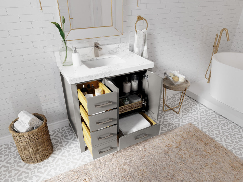 Malibu 36 Center Sink Bath Vanity in Elephant Skin Gray 2" Calacatta Poanazzo