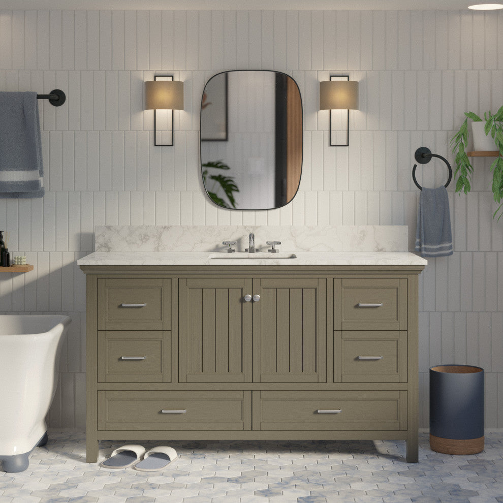 Paige 60" Bathroom Vanity, Weathered Gray, Carrara Marble, Single Sink
