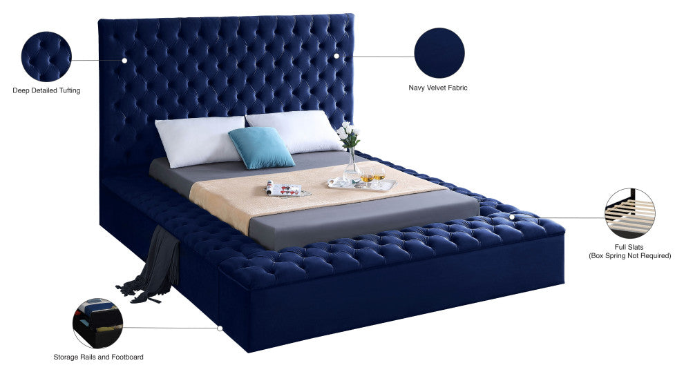 Bliss Velvet Upholstered  Bed, Navy, Full
