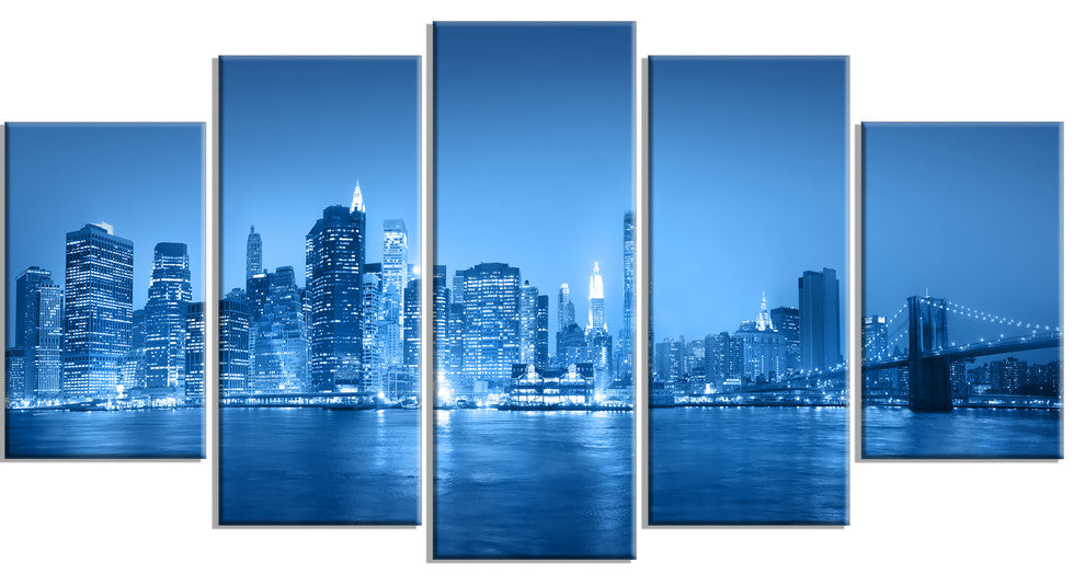 "Blue" Panorama of New York City" Canvas Print60"x32", 5-Panels