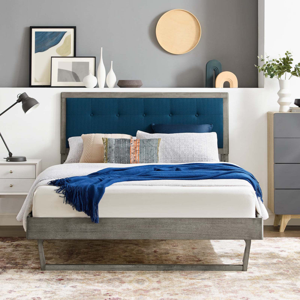 Platform Bed Frame, King Size, Wood, Gray Navy Blue, Modern Mid-Century