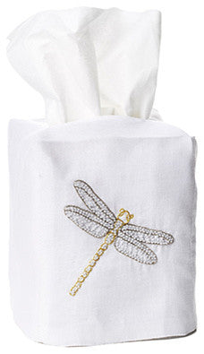 Dragonfly Tissue Box Cover, White Linen