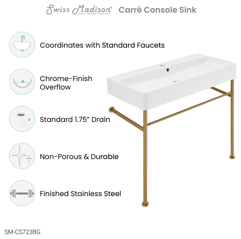 Carre 36" Ceramic Console Sink White Basin Gold Legs, Brushed Gold