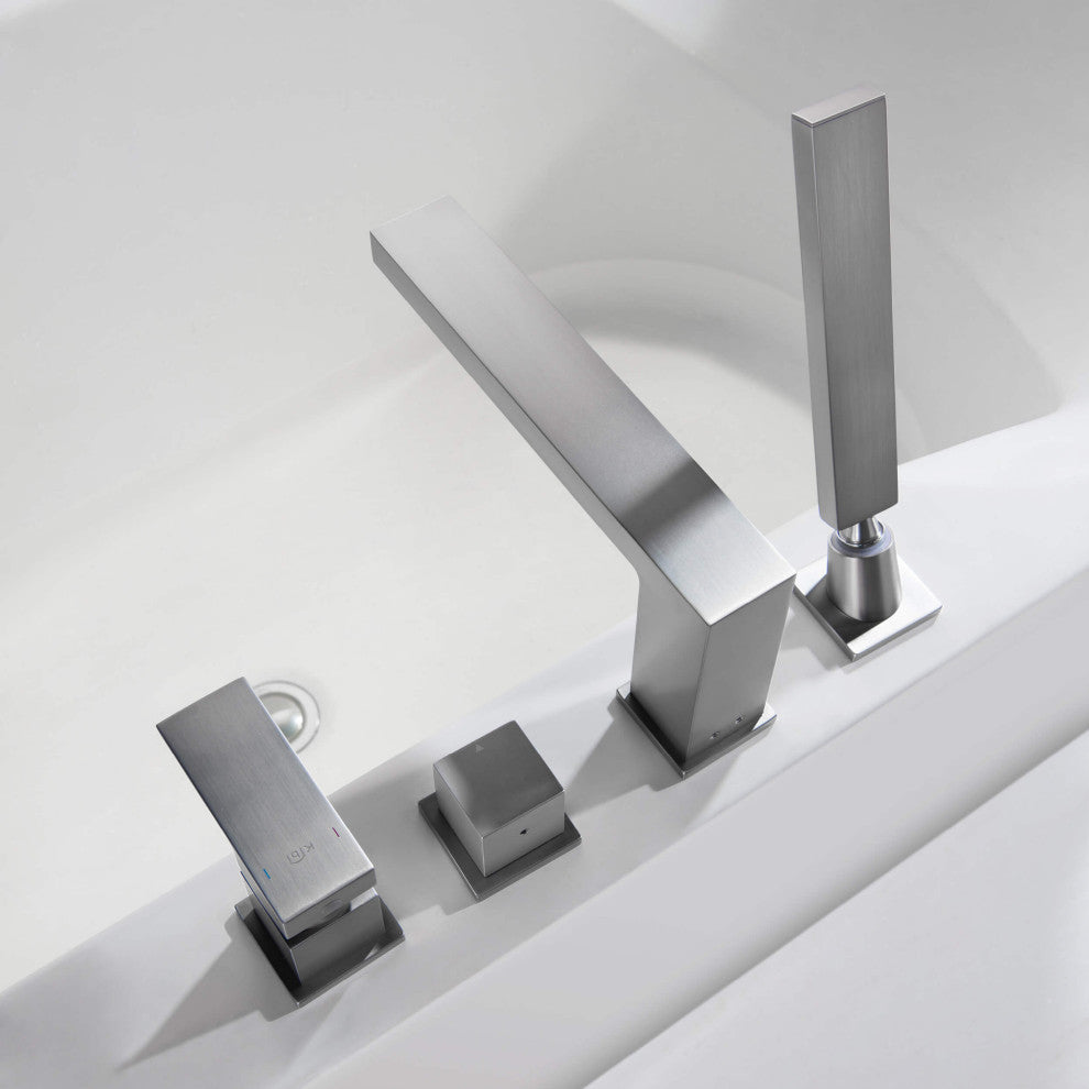 Cube Deck Mounted Bathtub Faucet With Hand Shower, Brushed Nickel