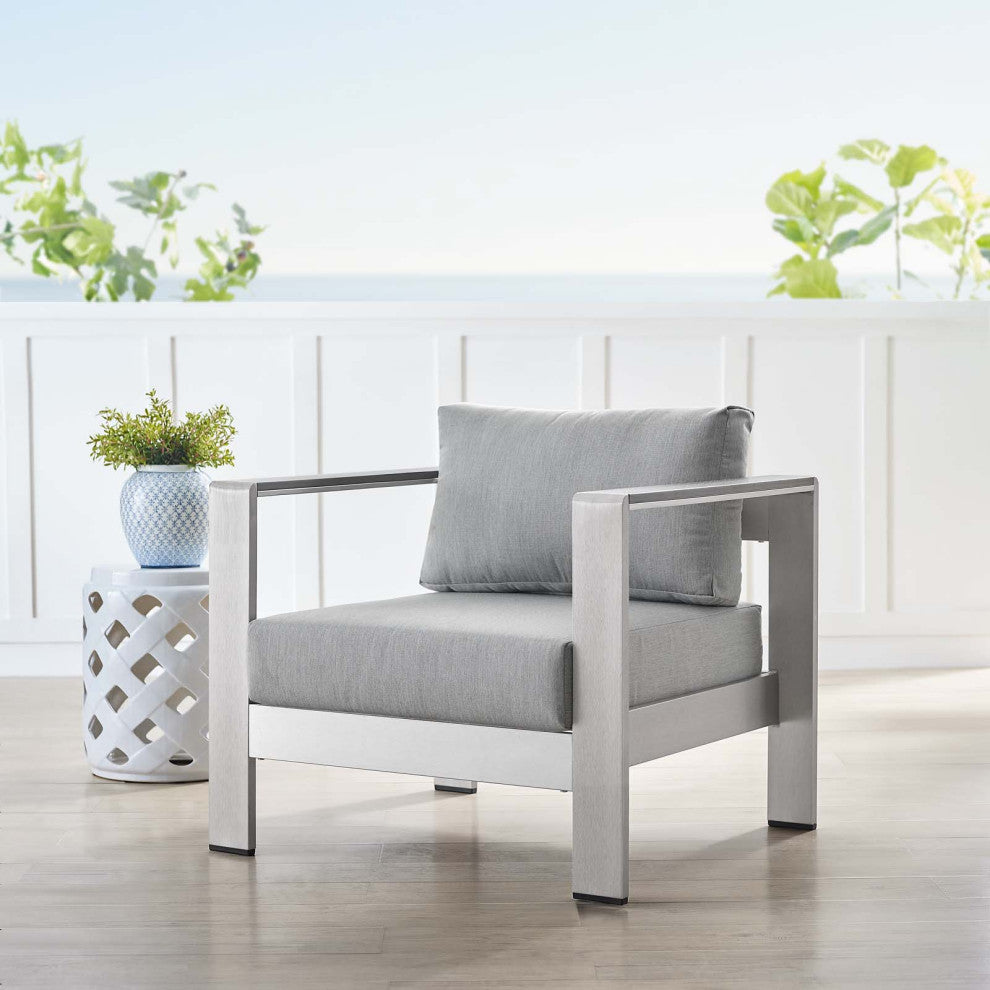 Lounge Chair Armchair, Sunbrella, Fabric, Aluminum, Silver Gray, Outdoor