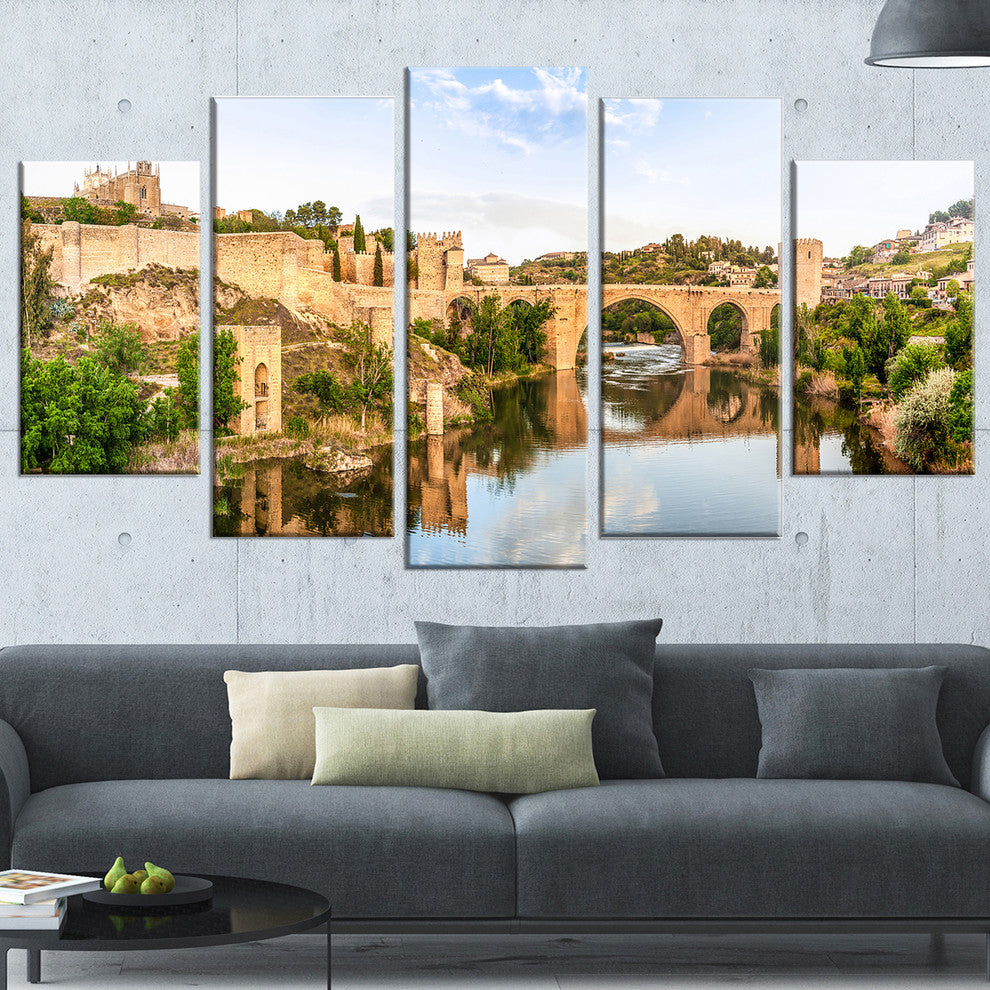 "Toledo Bridge in Spain" Landscape Canvas Photo Print, 5 Panels, 60"x32"
