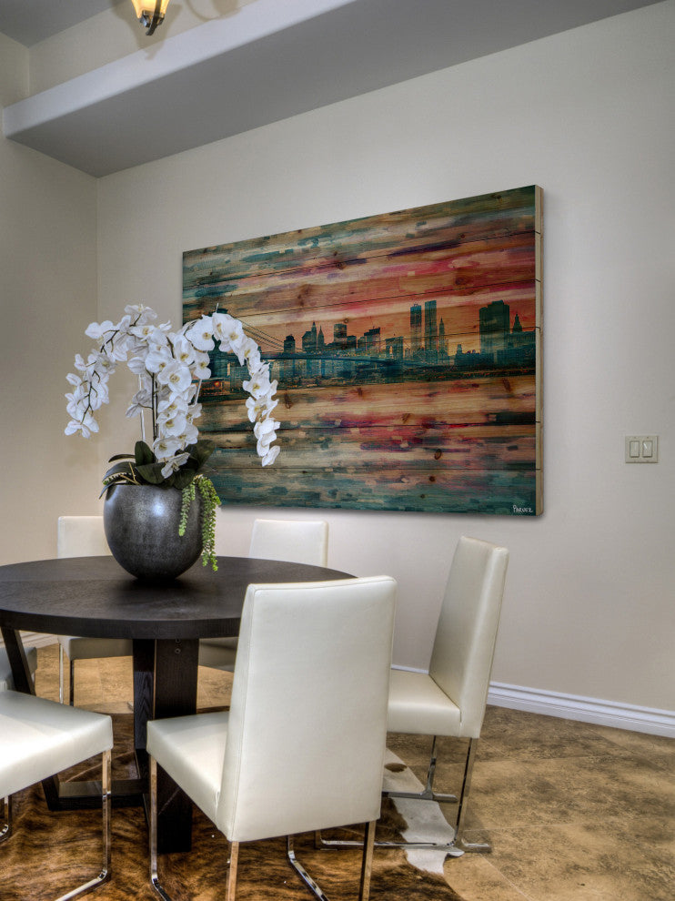 "Bridge at Dusk" Print on Natural Pine Wood, 45"x30"