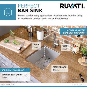Ruvati 10 inch Undermount Bar Prep Tight Raduis 16 Gauge Kitchen Sink Stainless