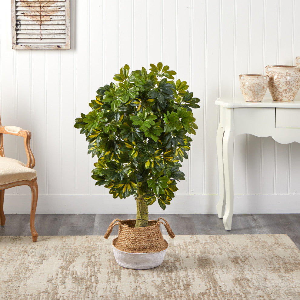 4' Schefflera Faux Tree, Boho Chic Handmade Cotton & Jute White Woven Planter