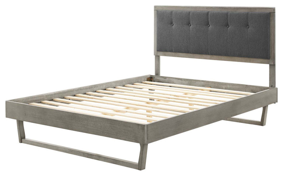 Platform Bed Frame, Queen Size, Fabric, Wood, Gray, Modern Mid-Century