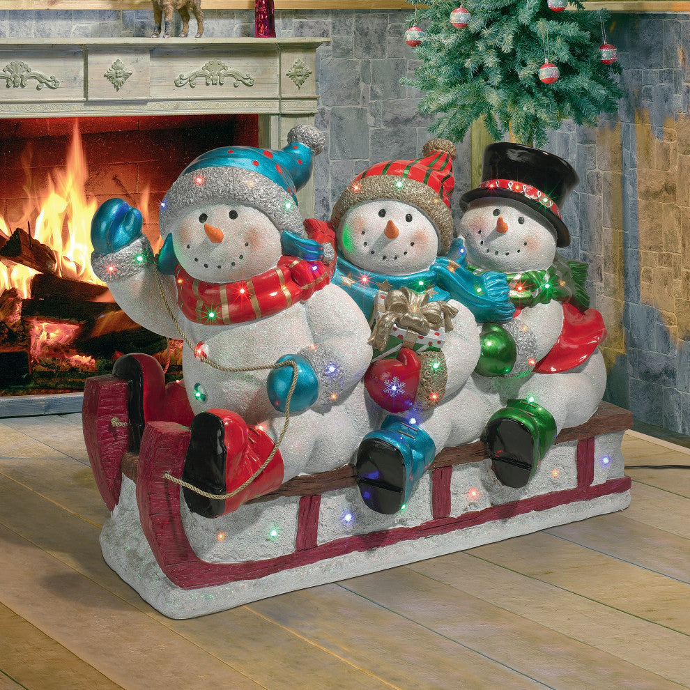 Illuminated Snowmen On Sled Statue
