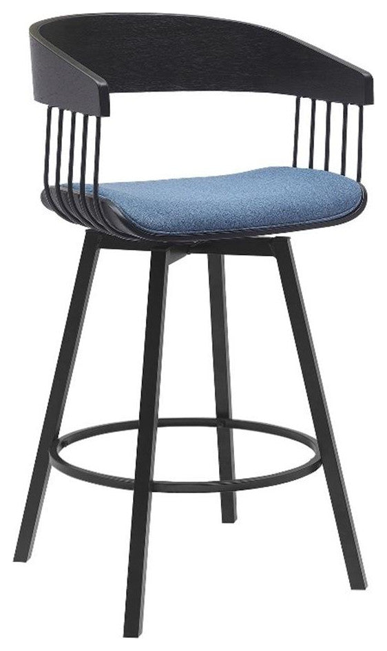Armen Living Athena 27" Swivel Wood & Fabric Counter Stool in Black/Blue