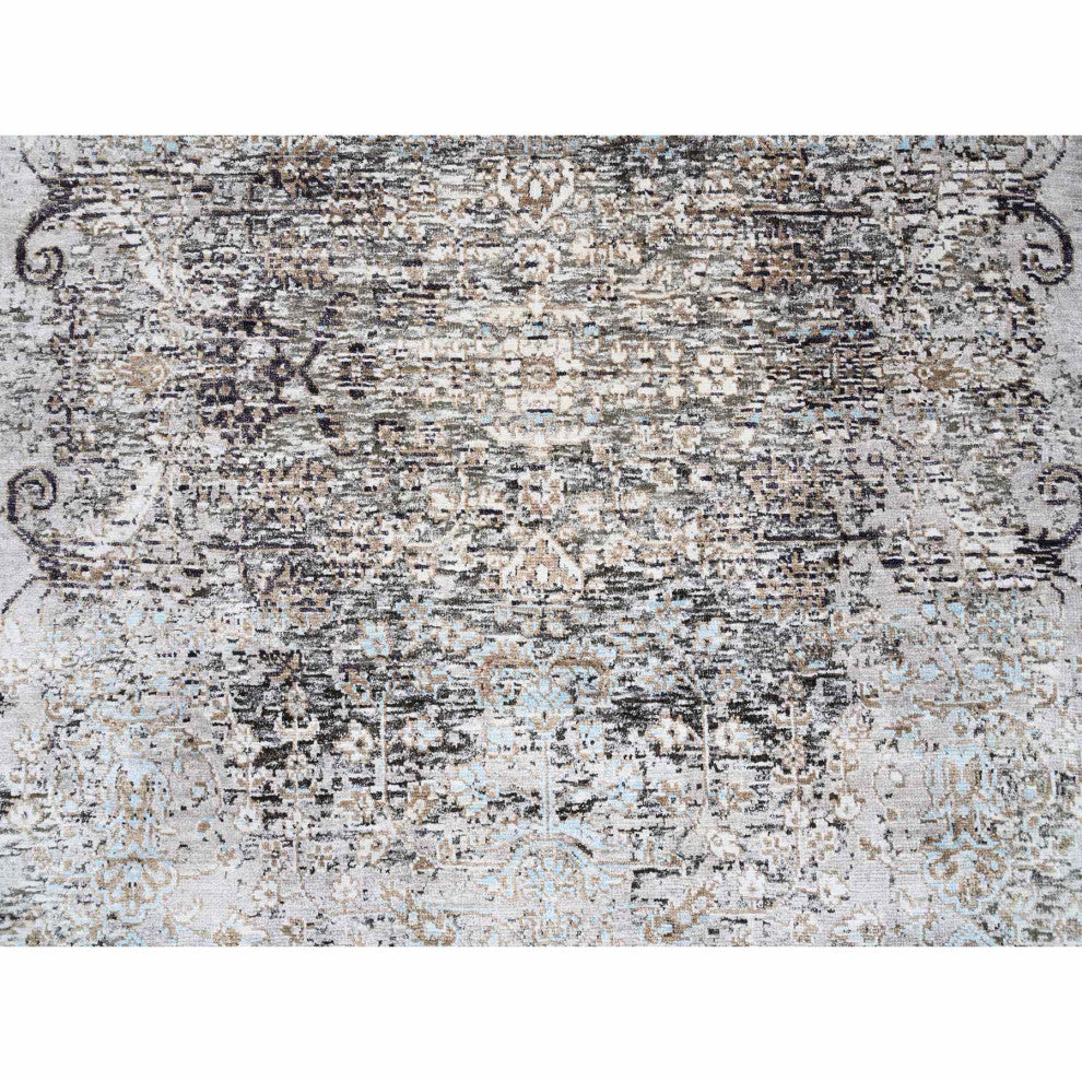 Gray Modern Silk with Textured Wool Hand Knotted Wide Runner Rug 4'0" x 12'0"