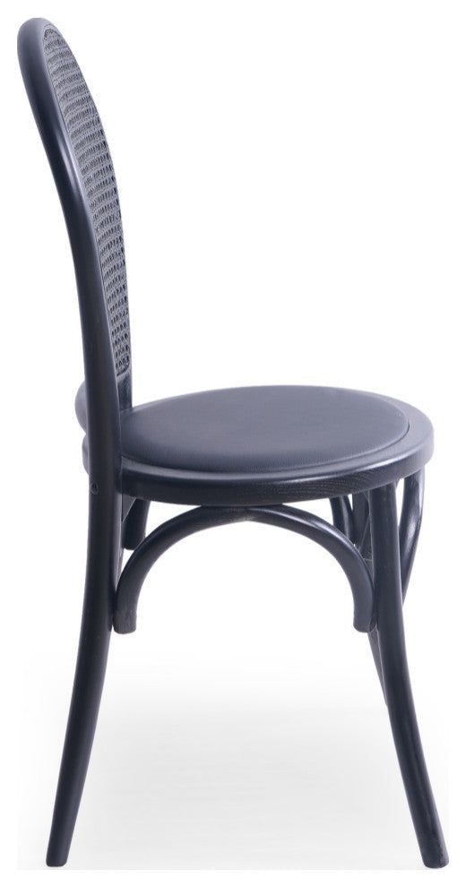 Cano Beech Wood and Rattan Dining Chair With Faux Leather Cushion, Set of 2, Black/Black