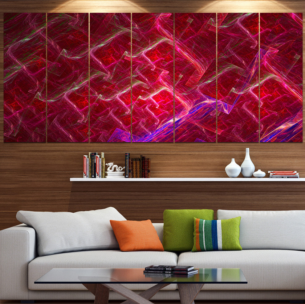 Red Fractal Electric Lightning, Abstract Art on Canvas, 83"x32", 7 Panels