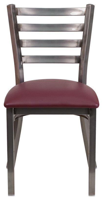 Clear Coated Ladder Back Metal Restaurant Chair, Burgundy Vinyl Seat