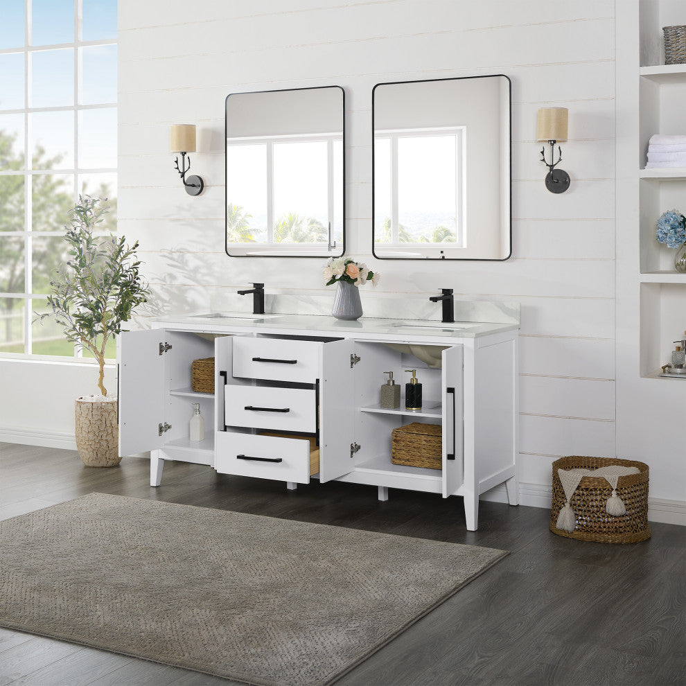 Laurel Bathroom Vanity with Calacatta White Quartz Stone Countertop, White, 72", With Mirror